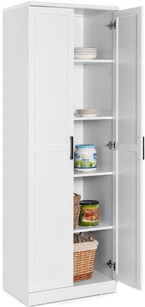 Opbergkast – Keukenkast – Kast Met Deuren – Boekenkast – Stellingkast – Hoog Model – Verstelbare Planken – Anti-Kantel Systeem – Wit – Vrijstaand – MDF & Metaal