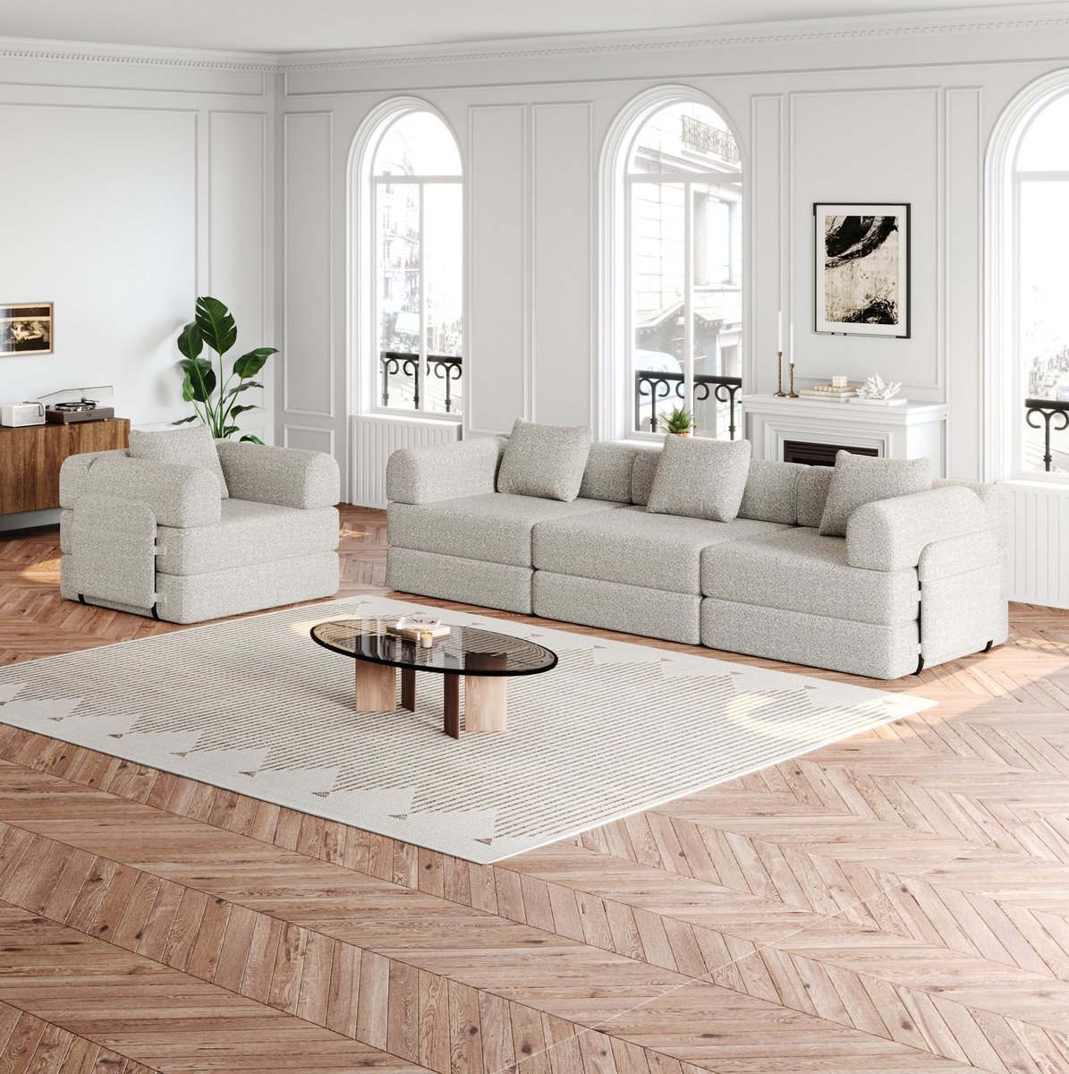 OKWISH Slaapbank 4-Zits 2-in-1 met Opbergruimte in Armleuning en Metalen Frame voor Woonkamer of Logeerkamer Chenille Khaki