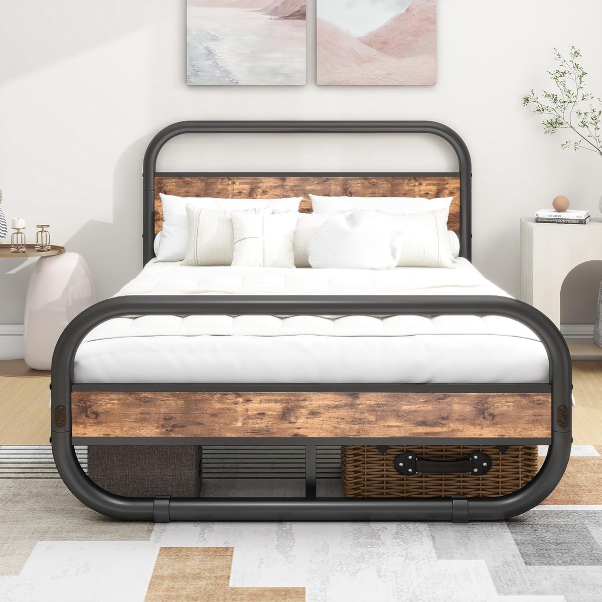 Bedframe 120x200 cm - Industrohome Ledikant met Metalen Lattenbodem en Houten Hoofdeinde, Bruin