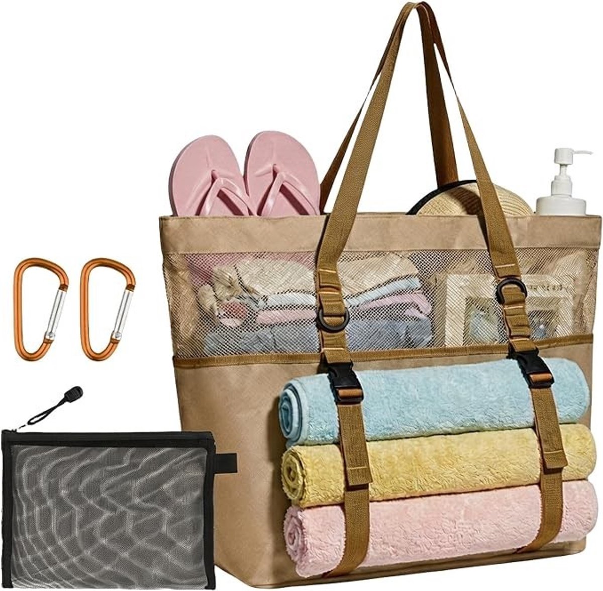 PolkaHome Stranddraagtas voor dames met ritssluiting en zakken, grote waterdichte mesh vakantiehandtas voor reizen, sportschool, zwembad, winkelen