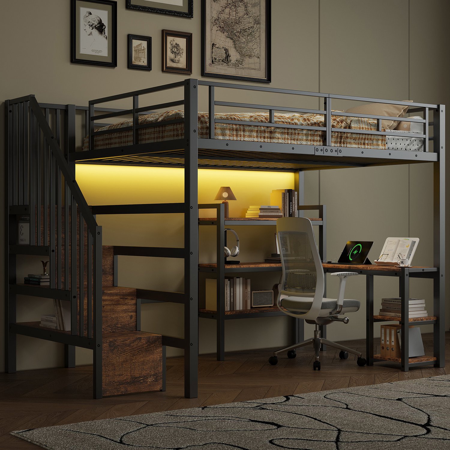 Kinderbed, Tweepersoonsbed, 140x200 Metalen hoogslaper met trap, geïntegreerd bureau, opbergvakken, USB-laadstation en LED-verlichting, Zwart