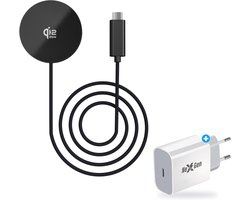 NexGen Qi2.2 Snellader 25W Bundel – Draadloze Oplader MagSafe-compatibel – Magnetisch – Voor iPhone 12 t/m 18 & AirPods – Gevlochten USB-C kabel – Zwart