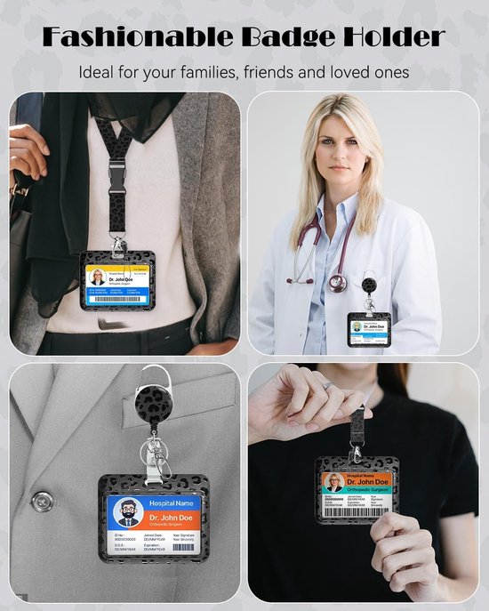 Stijlvolle Badgehouder met Retractable Reel, Carabiner Clip en Afneembare Lanyard voor Werk en Zorgprofessionals - Zwart Luipaardprint — afbeelding 4