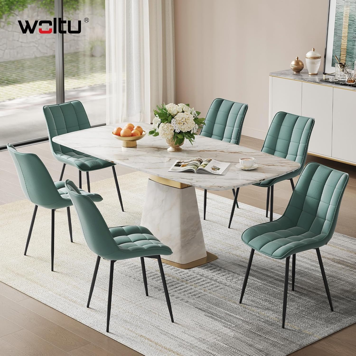 Set van 6 Eetkamerstoelen Velvet Turquoise – Moderne Gestoffeerde Stoelen met Ergonomische Rugleuning, Zachte Fluwelen Zitting en Zwart Metalen Onderstel, Belastbaar tot 150 kg