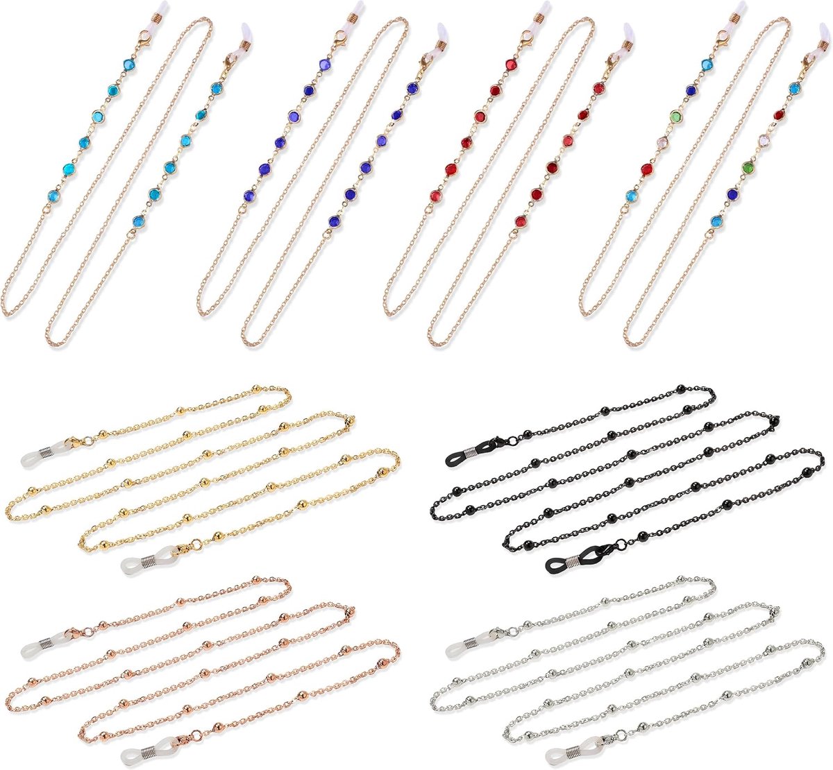 8 Stuks Brillenketting voor Dames, Veelkleurige Verstelbare Gouden Brillenketting voor Zonnebrillen, Lichte Kunstkristal Kralenketting voor Brillen als Brilband en Brillenhouder