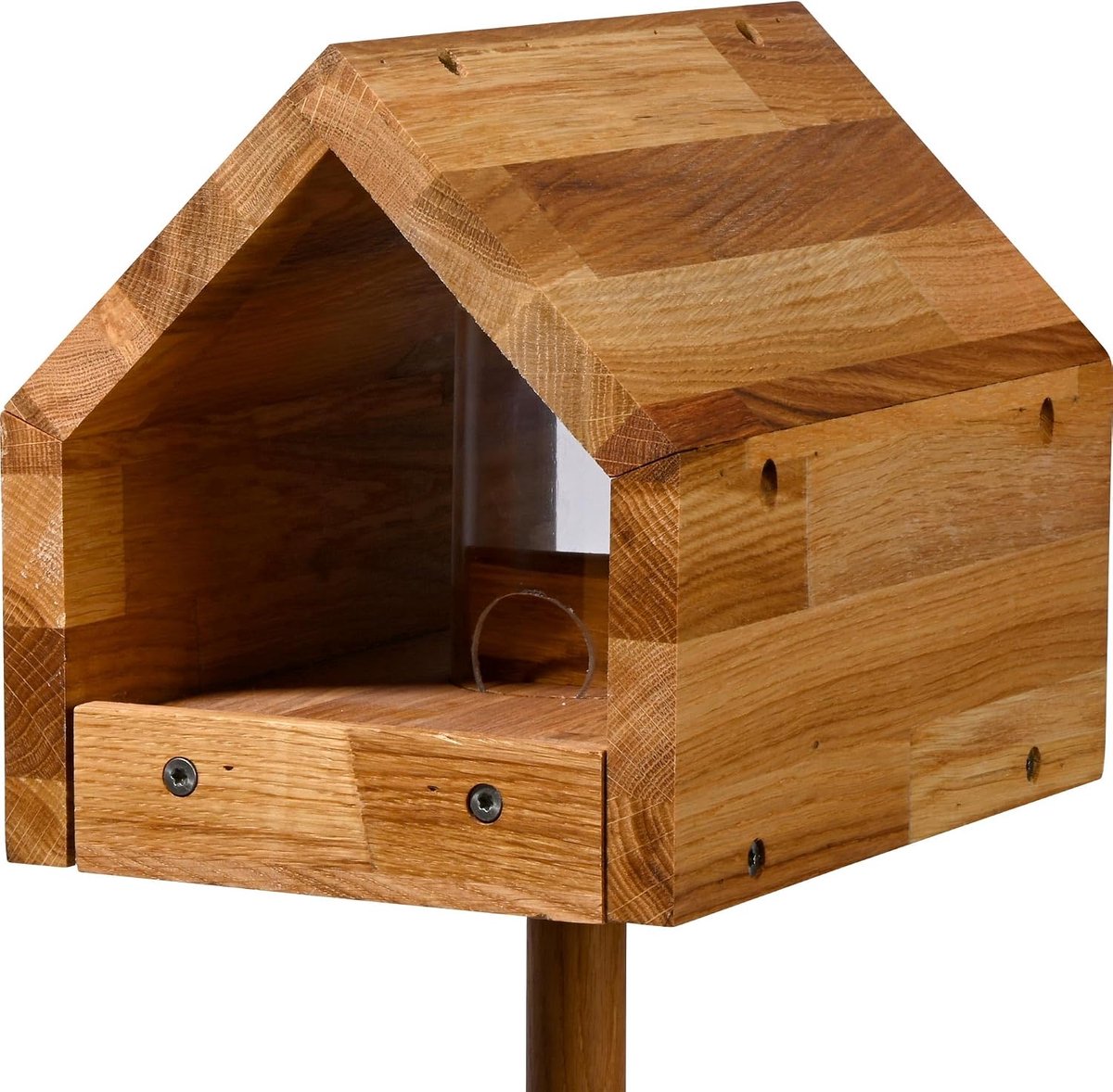 Vogelvoederhuis van eiken, met zadeldak, voederbak en dispenser met voederstandaard