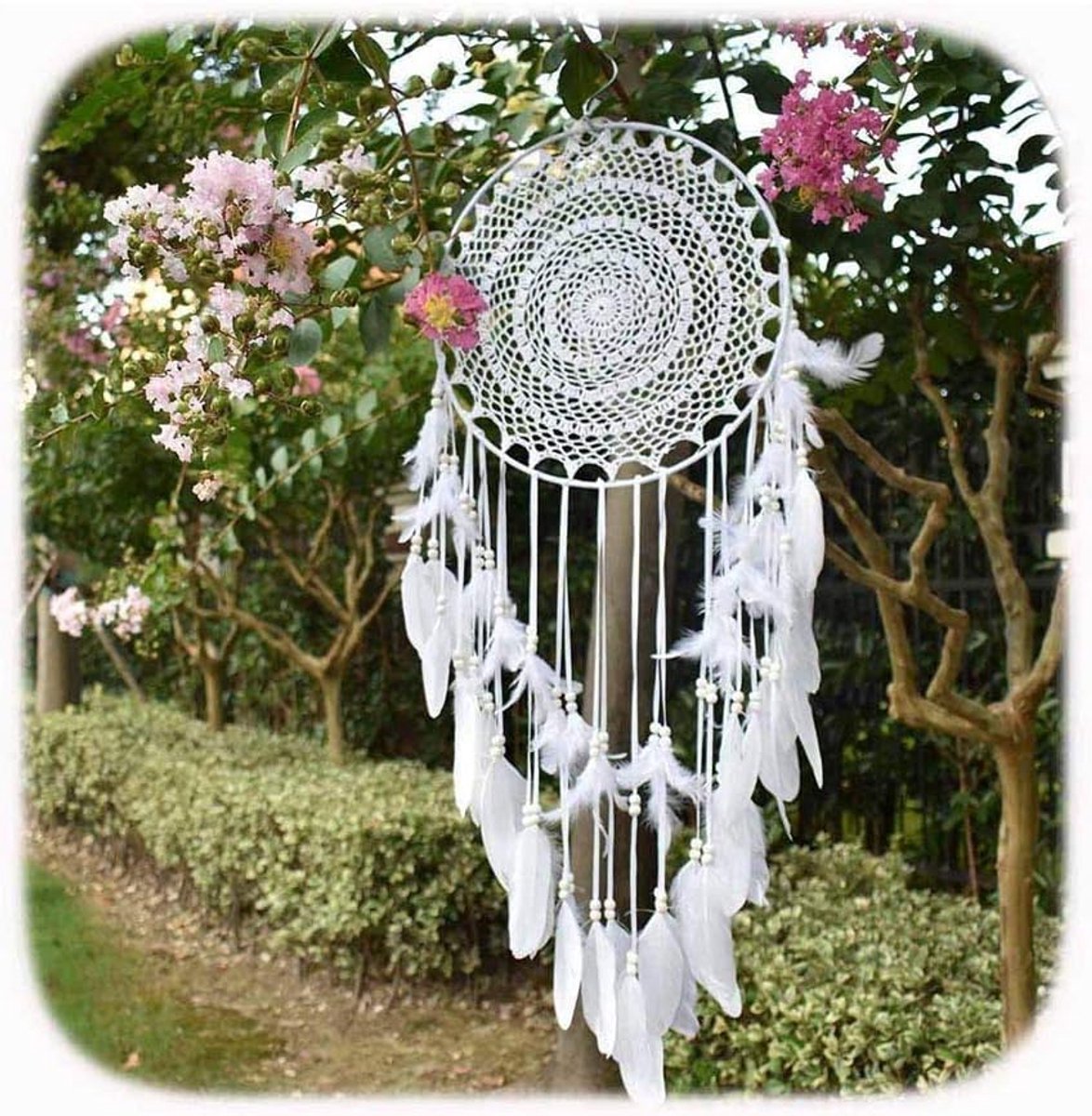 Dromenvanger in boho-stijl, met witte veren, macramé wanddecoratie voor vintage bruiloft of wooninterieur, 35 cm cirkel, 115 cm lang, wit