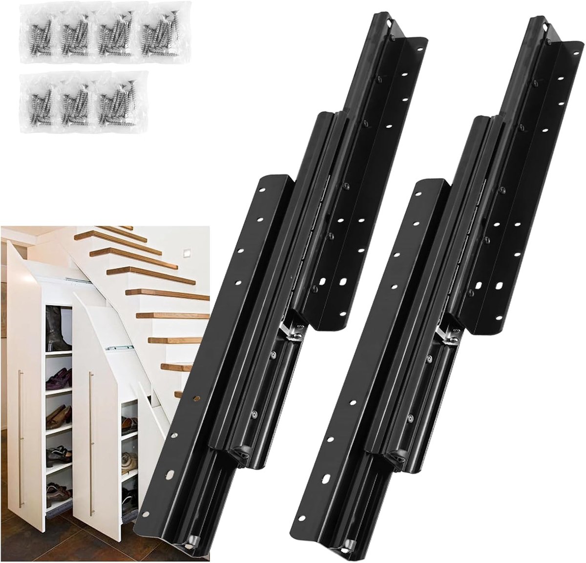 Onderbouw zwaarlastgeleiding voor laden, 80-185 cm, draagkracht 120 kg, metalen kogellagers, geschikt voor trappen, wijnkasten, wandkasten en kledingkasten.