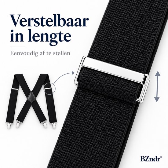 Zwarte bretels met zilveren clip en verstelmechanisme. Tekst: Verstelbaar in lengte.
