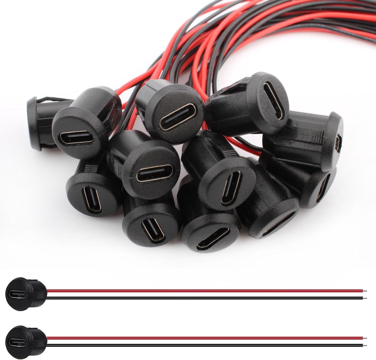 Image of 12-delige zwarte USB C 2-polige vrouwelijke connector, USB type C soldeerconnector, 2-aderig, 3 A, USB C, montage op 24 AWG aansluitpaneel, USB C, verlengkabel met drukgroefgesp