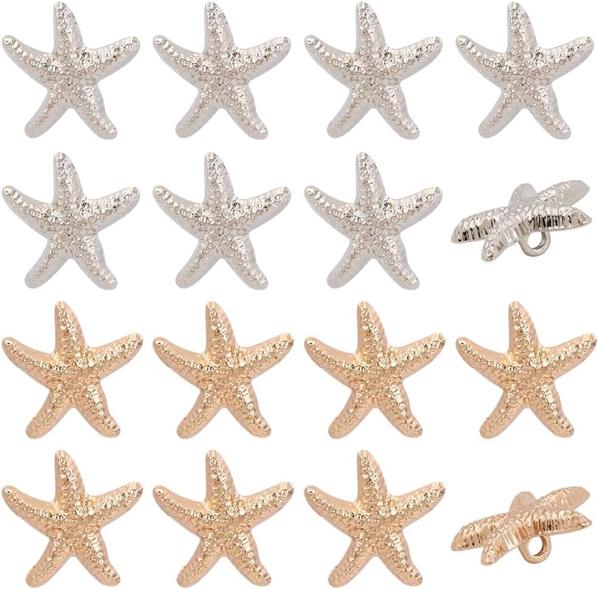 1 Doos 40 STKS Goud Zilver Oceaan Thema Onregelmatige Zomer Vormige Zeester Metalen Glitter Schacht Knop Legering Hawaii Zee Ster Decoratieve Knoppen Voor Naaien Pak Jurk Shirt Jeans Kleding