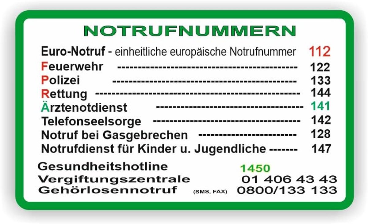 Noodnummerstickers voor Oostenrijk noodoproep nummer stickers (RP65/1) (19cm x 11,5cm)