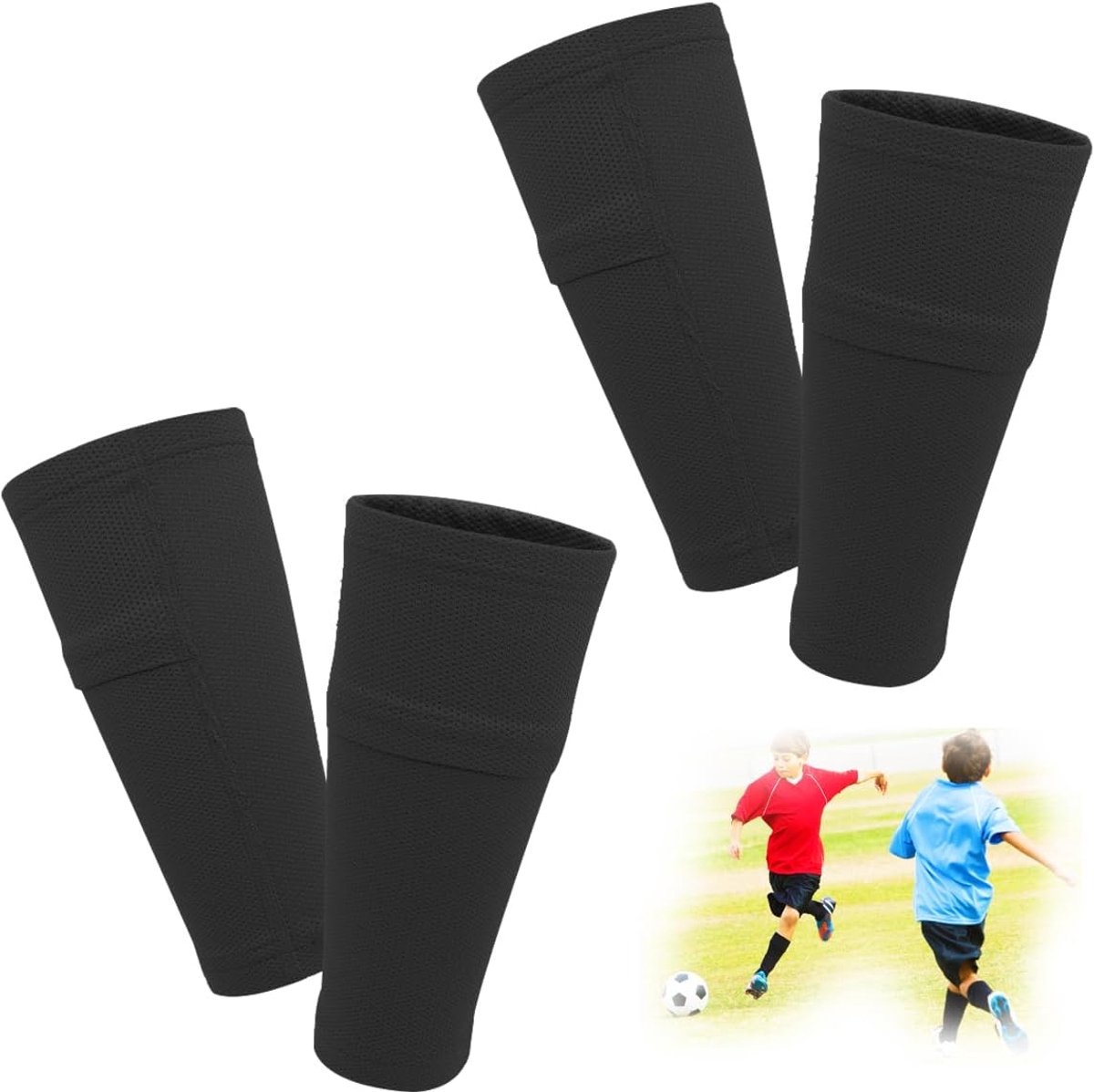 2 paar scheenbeschermerhouders voor kinderen en heren, steunen met geoptimaliseerde steekzak, voetbal, scheenbeschermers, mouwsokken, ademend, antislip, stabiel