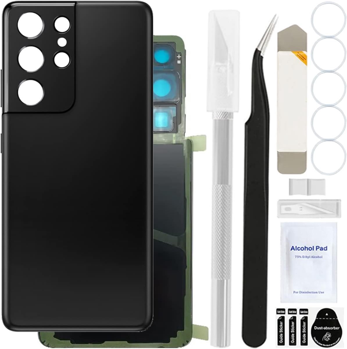 Achterkant Achterkant Glas Vervanging Cover Behuizing Deurpaneel met Vooraf Geïnstalleerde Camera Lens en Tape, voor Samsung voor Galaxy S21 Ultra (Phantom Black) Incl.Reparatie Tool Kit
