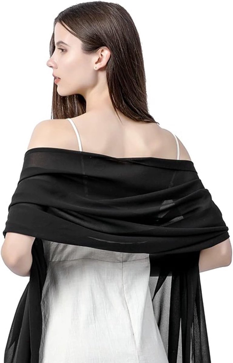 Sjaal voor dames, elegante schouderdoek, chiffon halsdoek, hoofddoek, dames lichte zachte sjaal, chiffon doeken voor jurk, cocktailjurk, bikini cover-up (zwart), zwart, L