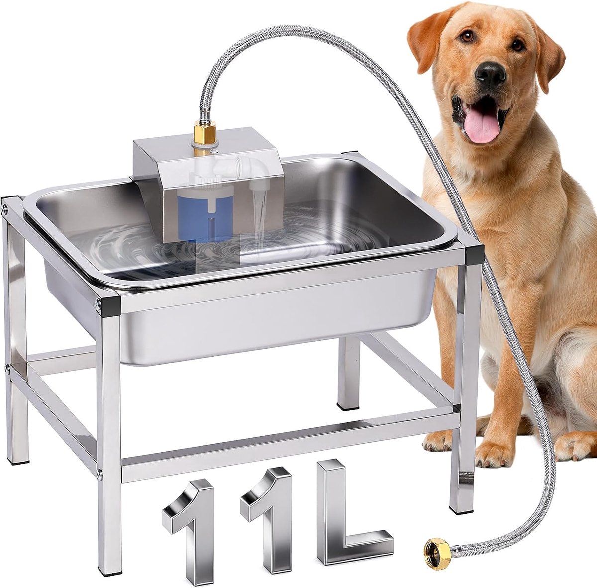 Drinkbak voor honden, 11 liter, verhoogde Cagon-kommen met metalen standaard, drijvende bak, van roestvrij staal, drinkbak voor honden in de open lucht, grote capaciteit voor middelgrote