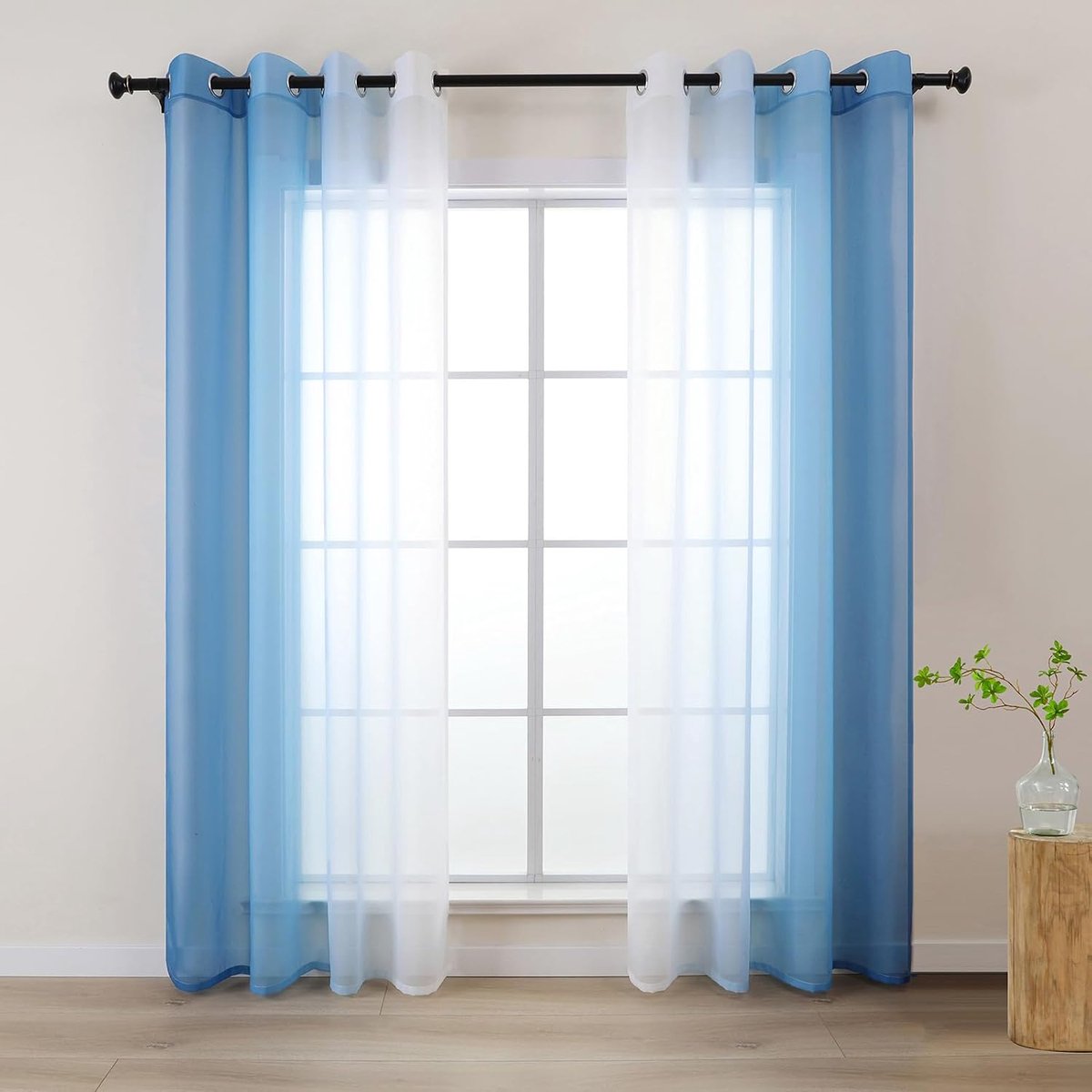 Gordijnen met kleurverloop, gordijn blauw wit, voor woonkamer, kinderen, meisjes, slaapkamer, raam, transparant, met inslagringen, set van 2, voile, gordijnen, 140 x 225 cm, kort