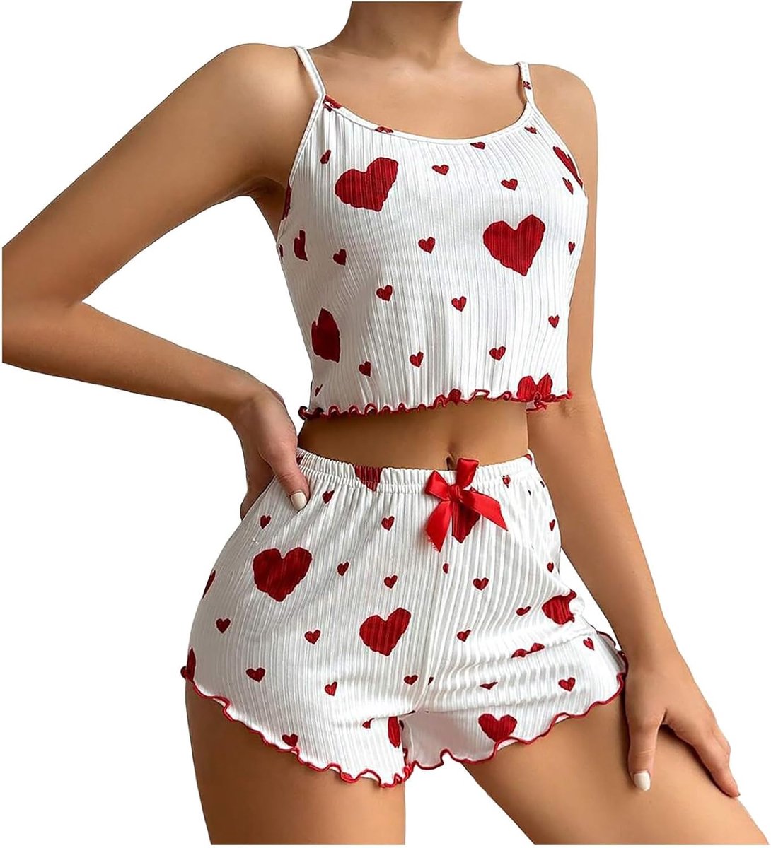 Damespyjama voor de zomer, kort, met hartprint, mouwloos T-shirt en shorts, sexy pyjama, zacht