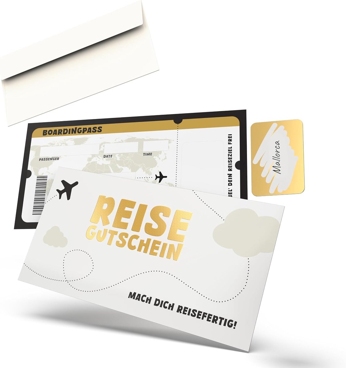 kraskaart – vliegticket in boarding-paspoort-design – om in te vullen met krassticker – cadeau voor vakantie, avontuurlijke reis & korte reis – incl. envelop – Made in Germany