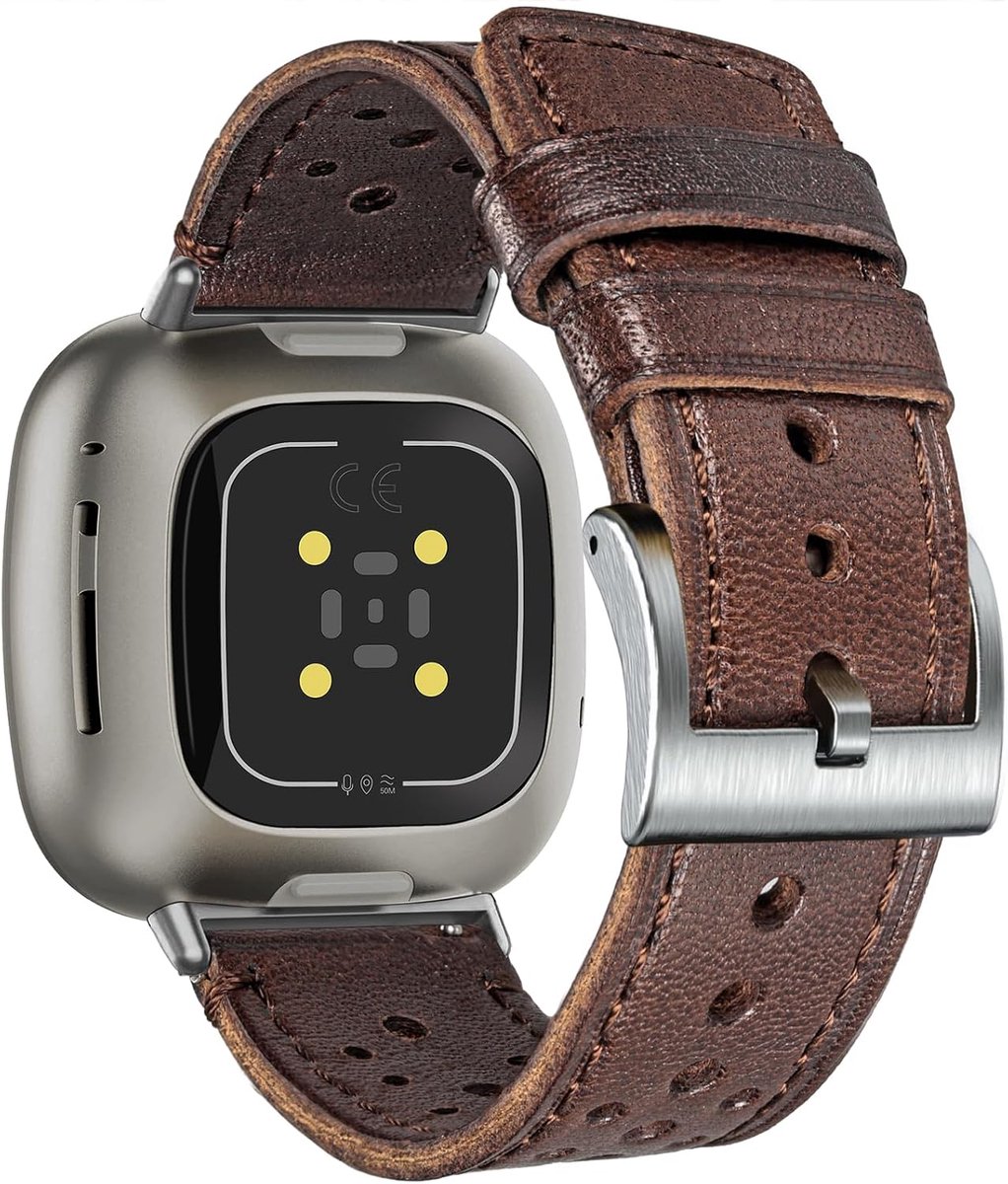Echt geperforeerd lederen horlogebandje compatibel met Fitbit Versa 3 / Versa 4 / Sense / Sense 2 - roestvrijstalen gespen, militaire tactische stijl, vervangende polsband