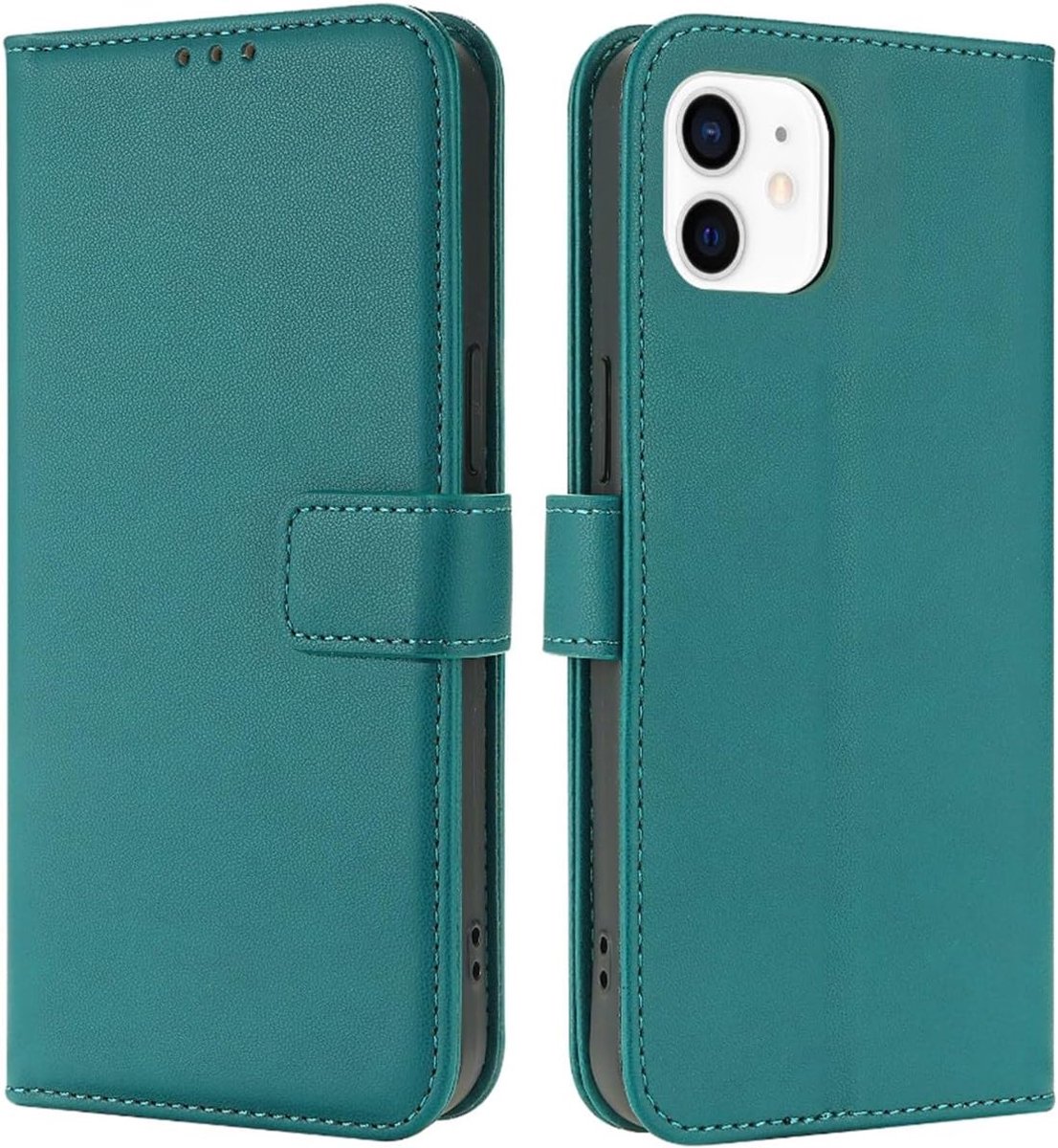 Beschermhoes voor iPhone 12 / iPhone 12 Pro van leer, met klapdeksel, donkergroen