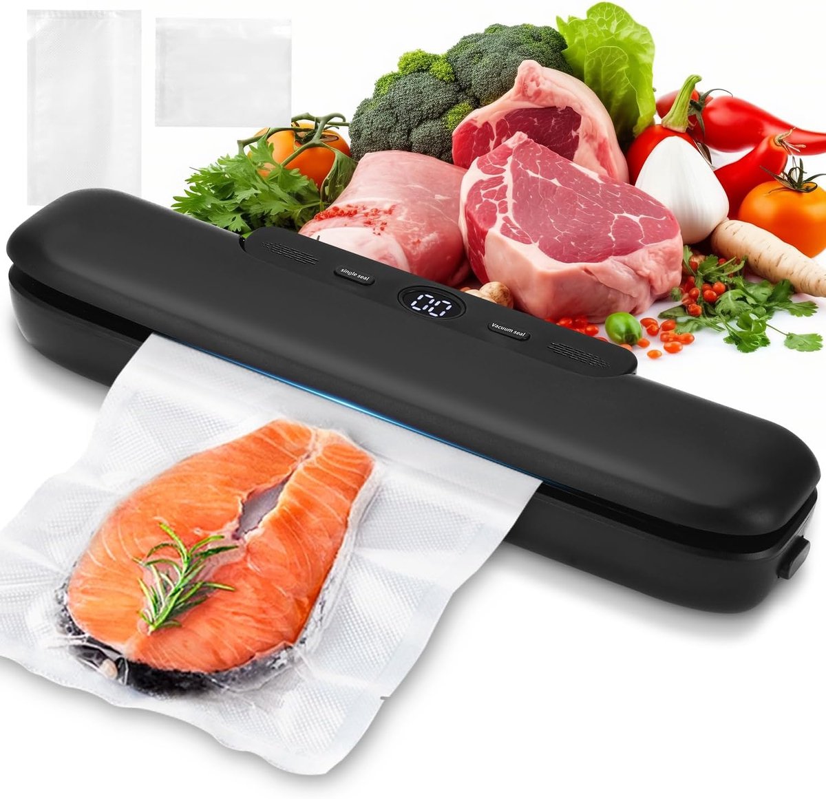 vacuümzuiger voor levensmiddelen – Vacuümzuiger voor droge en vochtige levensmiddelen, vacuümzuiger met 20 vacuümzakken, ideaal voor bewaring – Zwart