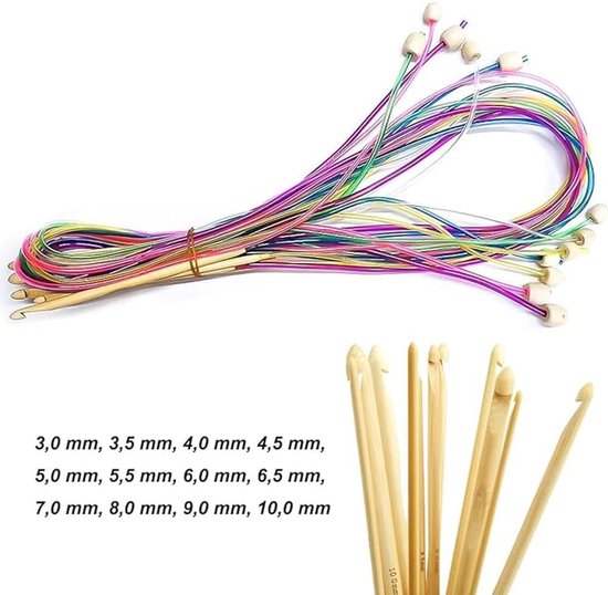 12-delige Bamboe Haaknaalden Set voor Tunesisch Haken met Kleurrijke Plastic Touw, Ideaal voor Dekens, Tapijten en Sjaals — afbeelding 5