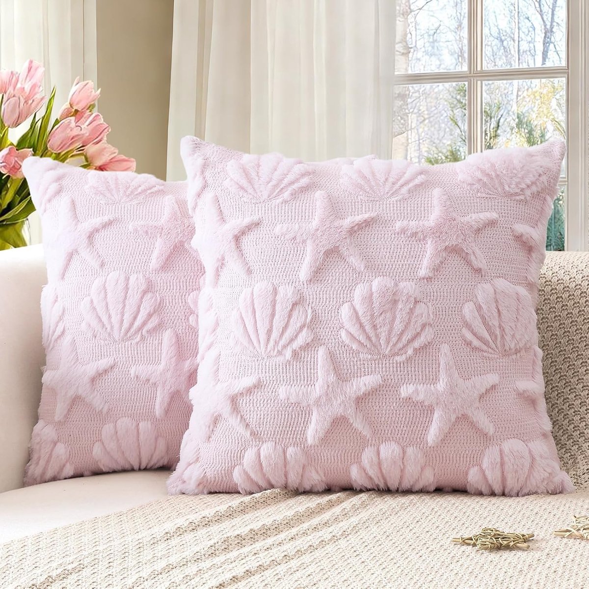 Set van 2 Sterrenzeef Kussenhoezen voor Sofa - Zachte Pluche Velvet Kussens voor Stranddecoratie - 45x45cm Roze Kussens voor Lente en Zomer