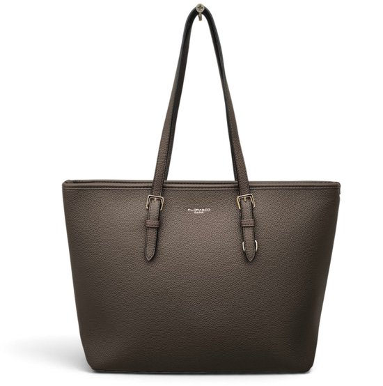 Sac cabas marron foncé avec texture grainée, boucles et anses dorées.