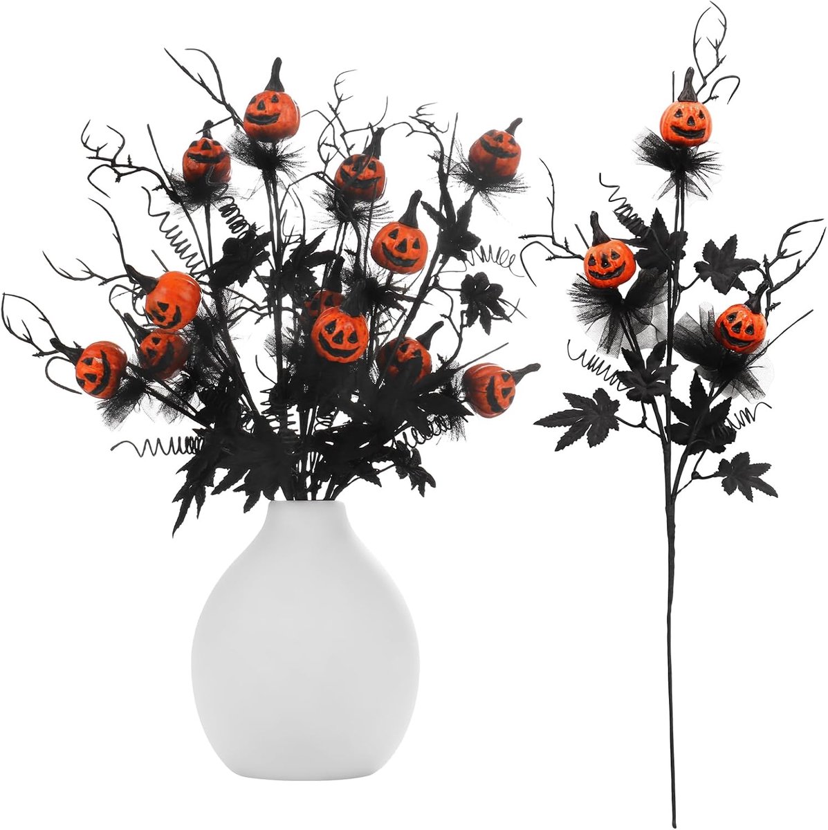 Halloween Decoratie - 5-delige Set Zwarte Pompoen en Bloemstokjes - Geschikt voor Binnen Feest en Boerderijstijl - Halloween Tafel- en Woondecoratie - 5 Stuks