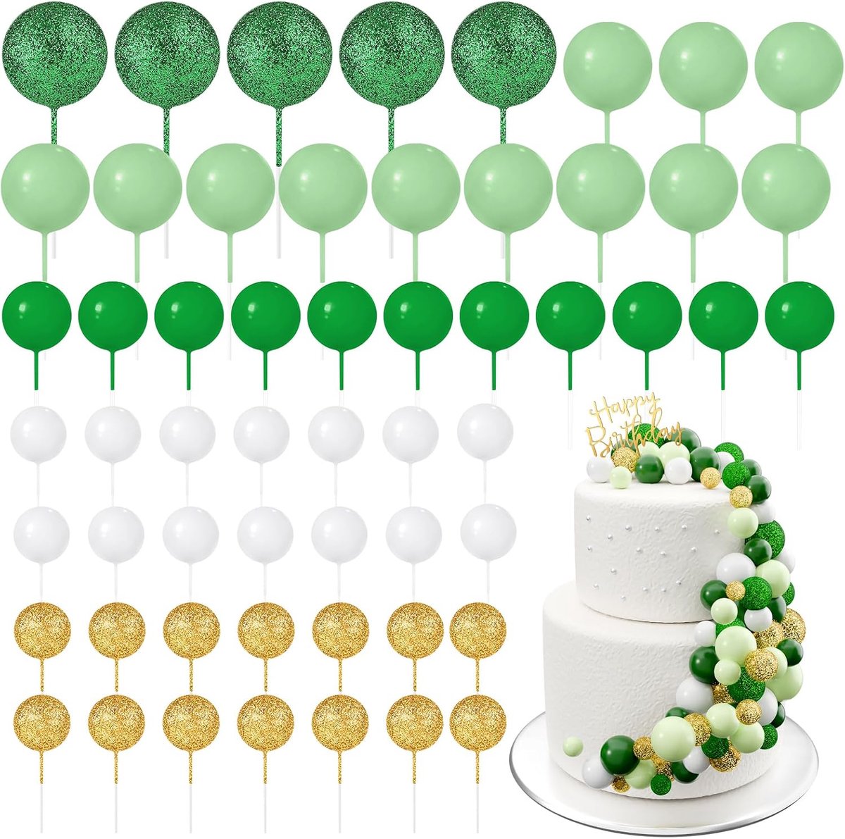 60 stuks, taarttoppers, taarttoppers, mini-ballonnen, taarttoppers voor taartdecoratie, verjaardag, feest, babyshower (glitter groene serie)