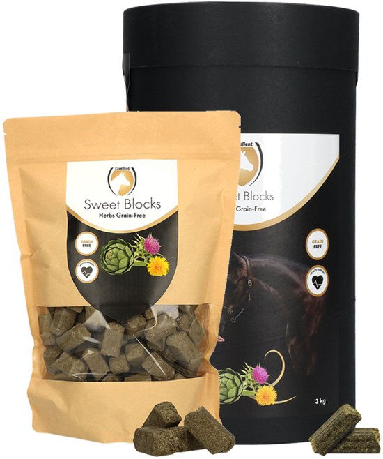 Excellent Horse Sweet Herbs Blocks - Graanvrij - 1 kg - Paardensnoepjes - Paardenverzorging - Paardenvoer - Traktatie Paarden - Kruidenmix Excellent Horse Sweet Herbs Blocks - Graanvrij - 1 kg - Paardensnoepjes - Paardenverzorging - Paardenvoer - Traktatie Paarden - Kruidenmix