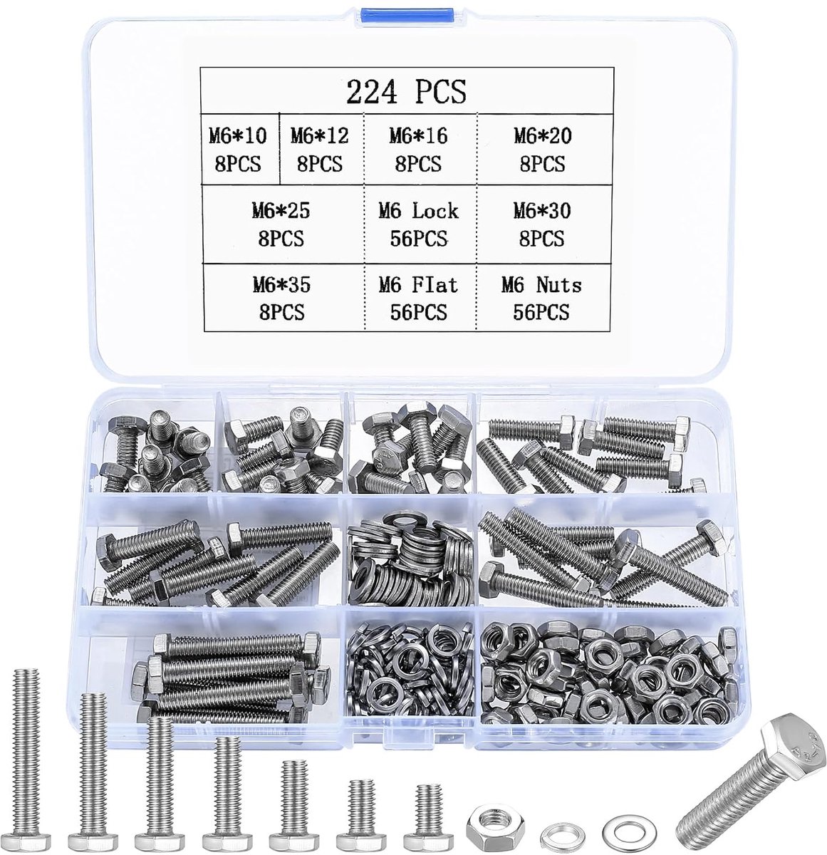 224 stuks zeskantschroeven, moeren, M6 schroevenset, roestvrijstalen schroefdraadschroevenset, machineschroeven, assortimentset, fietsschroeven en moeren, set met sluitringen voor automeubels