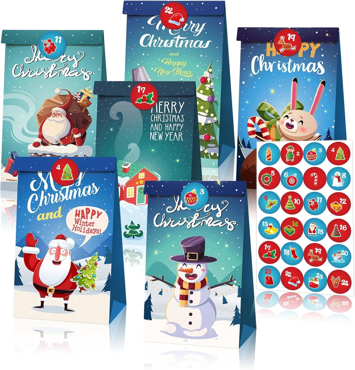 24 stuks aftellen papieren zakken voor Kerstmis, cadeauzakjes, kerstzakjes, cadeaudoos voor Kerstmis, met 36 kerststickers, voor kerstverjaardagsfeestaccessoires (22 x 12 x 8 cm)