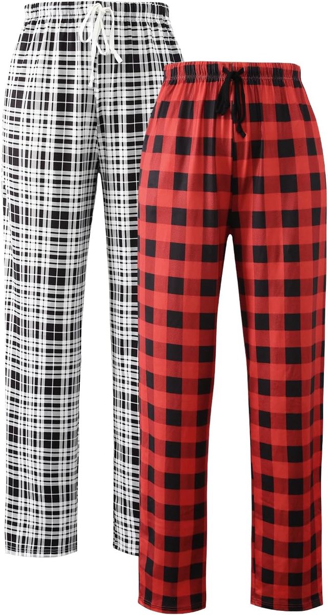 Pyjamabroek voor dames, lange geruite pyjamabroek, stretch, vrijetijdsbroek, zachte slaapbroek met zakken, verpakking van 2 stuks