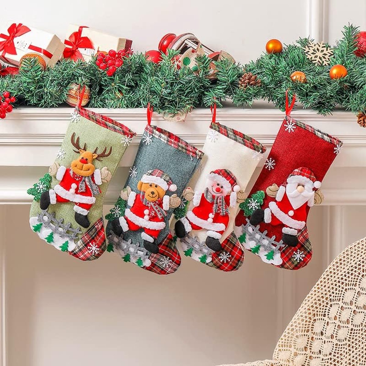 4 stuks kerstkous, kerstboom cadeauzakje snoepzak, Kerstmis Christmas Stocking voor kerstboom open haard decoratie, kerstsokken voor Kerstmis kerstcadeaus