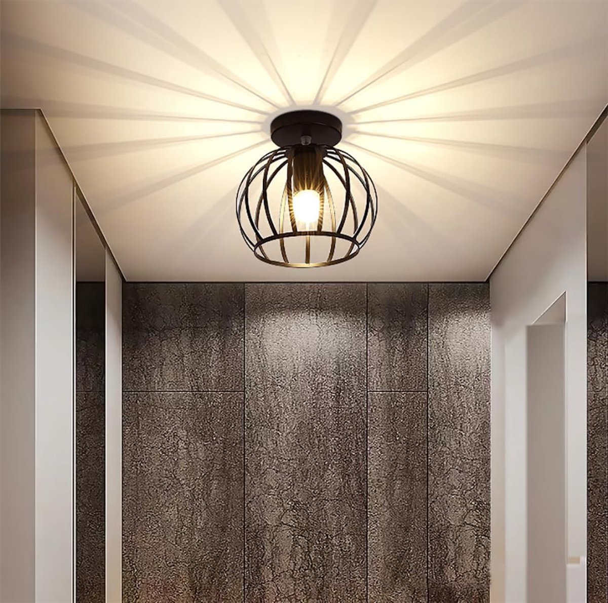 Plafondlamp, Industriële Hanglamp Metaal in Kooivorm, Retro Plafondlamp E27 Hanglamp voor gang, balkon en eetkamer, Ø 20cm, zwart