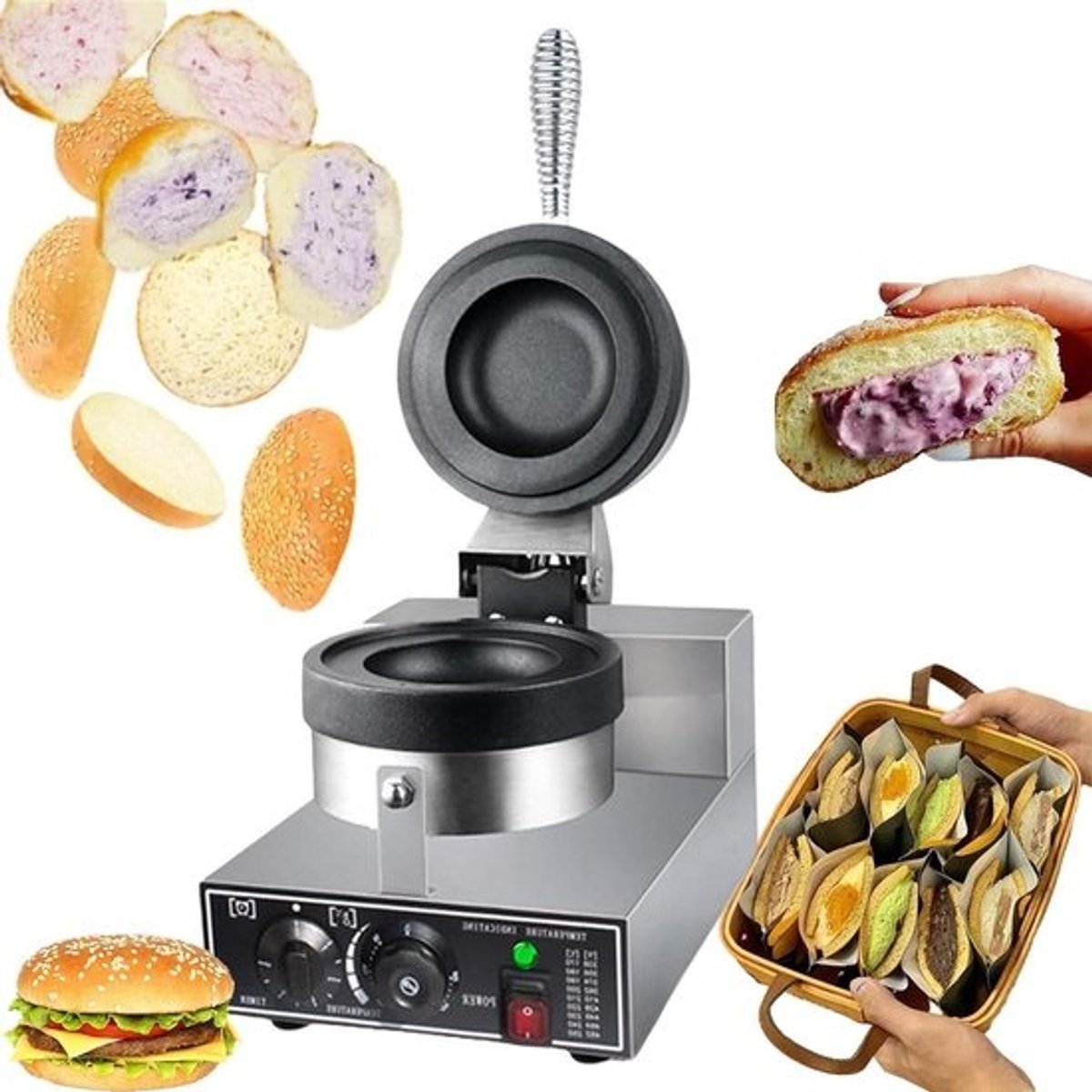 Burger Wafelijzer - Hamburger Machine - Ontbijt Maken - Dubbelzijdig Verwarmend - 11.5 cm diameter - Zilver