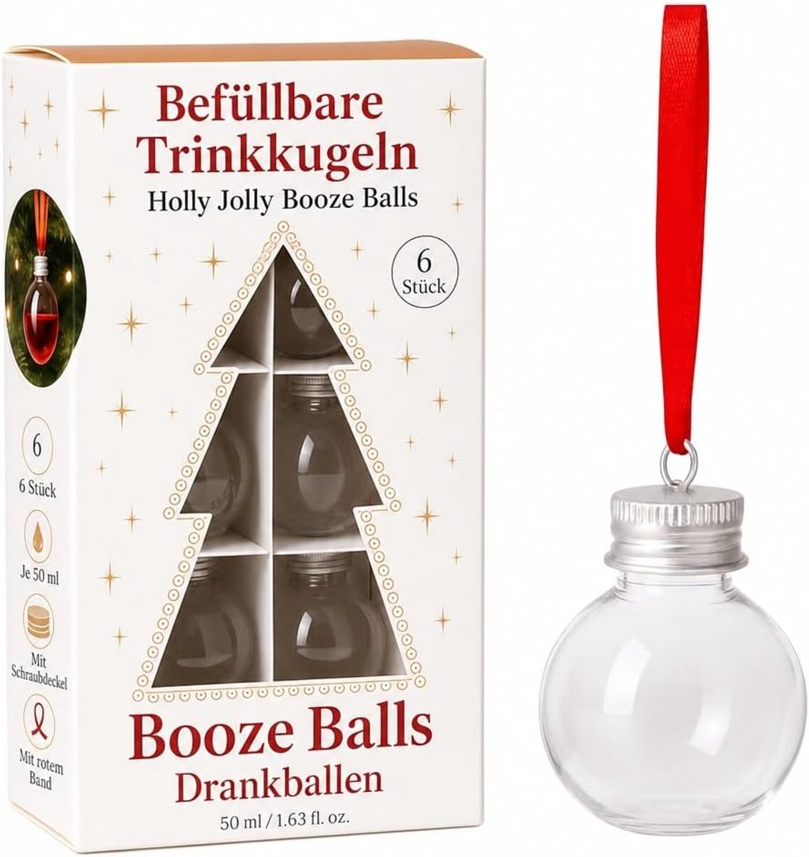 Cosensi- Drinkballen 6-delig 50ml - Vulbare Kerstballen - Transparante Decoratieve Ballen - Schroefdop & Rood Lint - Kerstversiering - Creatieve DIY I