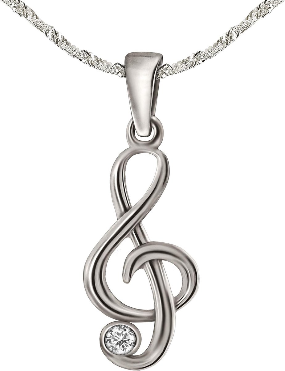 Sieradenset zilveren hanger kleine muzieksleutel 14 mm met een zirkonia en ketting Singapore 45 cm sterling zilver 925