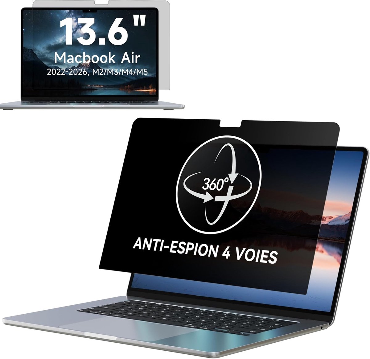 360° privacyfolie voor MacBook Air 13,6/13 inch (2022-2026, M2, M3, M4, M5), zelfklevende anti-verblinding blauwlicht Mac-privacyfolie, vierweg-privacyfilter