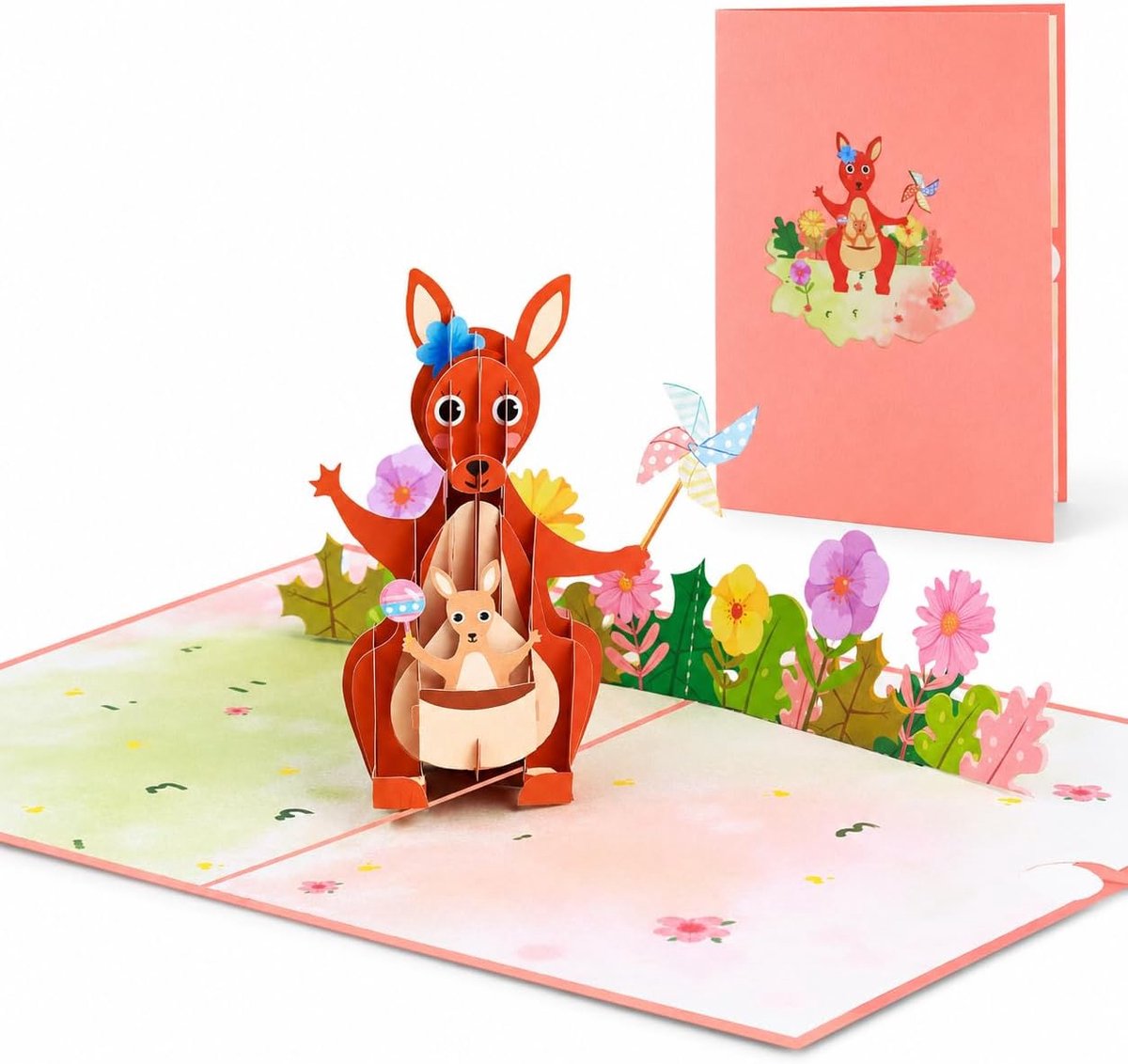 kangoeroe, liefdevolle 3D-wenskaart met kangoeroe en baby, schattige verjaardagskaart voor kinderen, verjaardag en babyfelicitatie, inclusief envelop