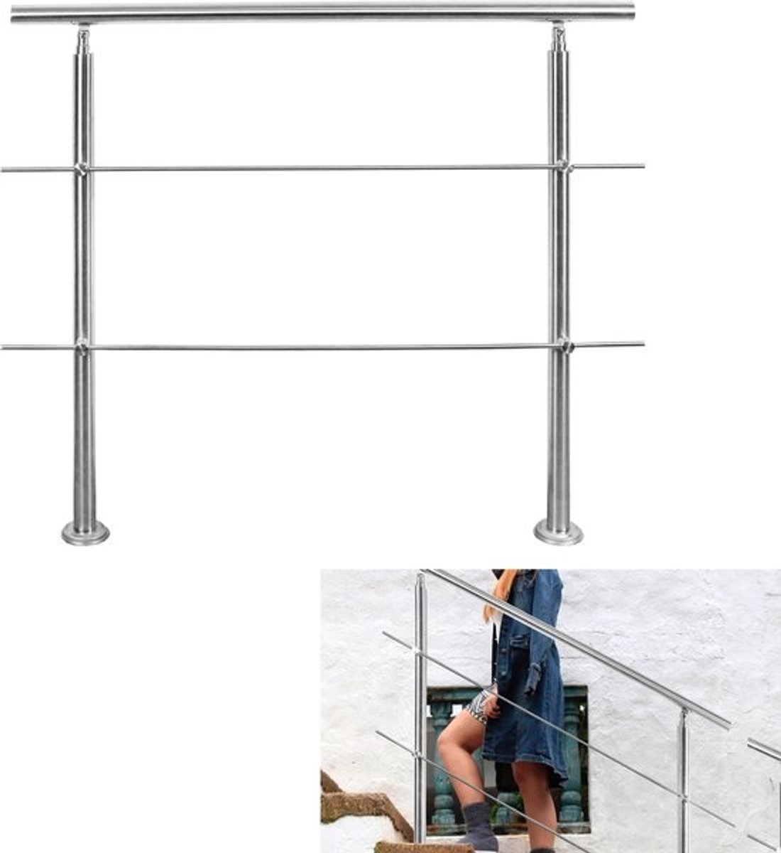 RVS Handgreep - Trapleuning Balustrade - Veilig Traplopen - 2 Kruissteunen - 100 cm - Zilverkleurig