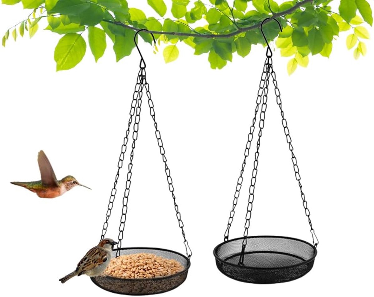 2 stuks voederhuis, hangend vogelhuisje, fijnmazige vogelvoederdispenser, voederstation voor wilde vogels, ronde vogelvoerder, met ijzeren ketting en haak, geschikt voor tuin, achtertuinen