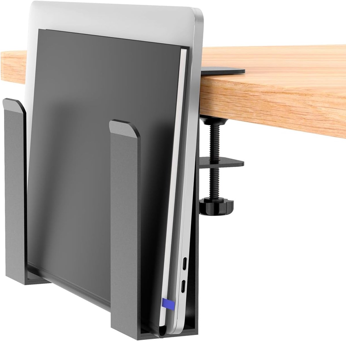 Verstelbare bureau-zijlaptophouder, metalen hangende notitieboeken, bureauhouder, ponsvrije klem, voor Macbook Pro, documenten met anti-kras siliconen