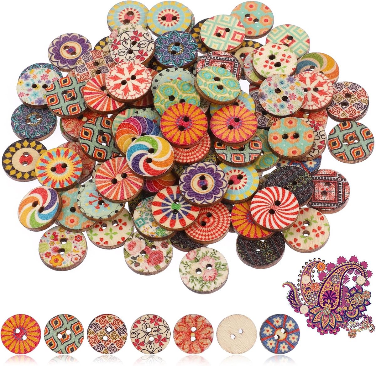 Knopen, 15 mm, vintage knopen, houten knopen om te knutselen, retro hars knopen om te naaien, gemengde houten bloemknoppen voor naaien, doe-het-zelf knutselen, 100 stuks