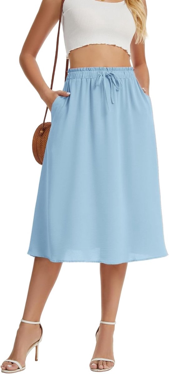 Rokken voor Vrouwen A-Lijn Elegante Hoge Taille Midi-Rok Met Trekkoord Zomer Lichtgewicht Casual Met Zakken