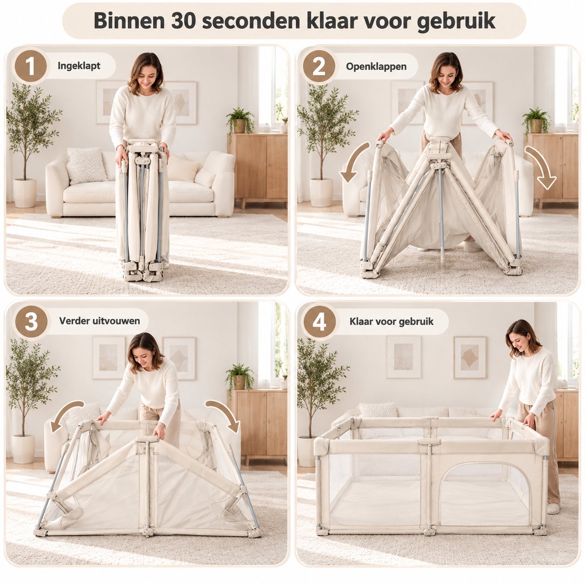 Lucellia® Grondbox Baby 130x130 cm – Inklapbare Speelbox met Speelmat, 50 Speelballen & Optrekringen – Kinderbox, Kruipbox, Playpen & Baby Box – Beige – foto 2