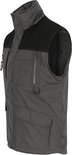 Grijze bodywarmer met zwarte schouders, hoge kraag, zakken met rits en klep, en D-ringen. Lange rug.