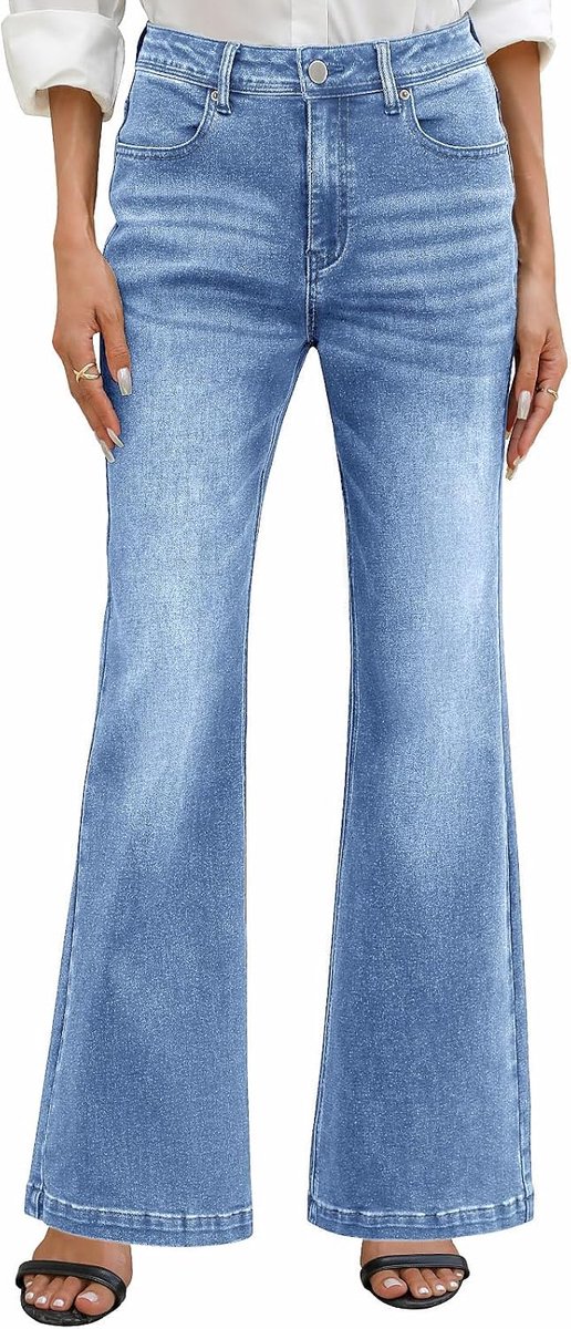 Jeans voor vrouwen, rekbare denim broek met hoge taille, elastische bootcut bell bottom Washed Jeans Legging voor vrouwen met zakken, casual comfort